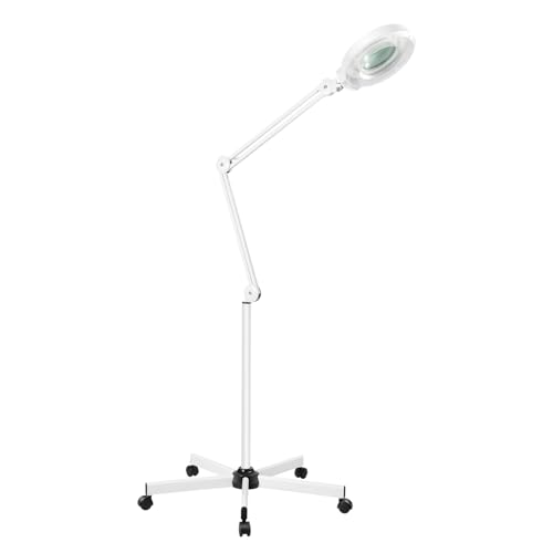 Kosmetische Lupenlampe LED Lupenleuchte auf mit Rollstativ Kosmetik Arbeitsleuchte Kosmetiklampe Kosmetikleuchte Lupenleuchte Set Arbeitsplatzlampe Schwenkarm Vergrößerungslampe Weiß