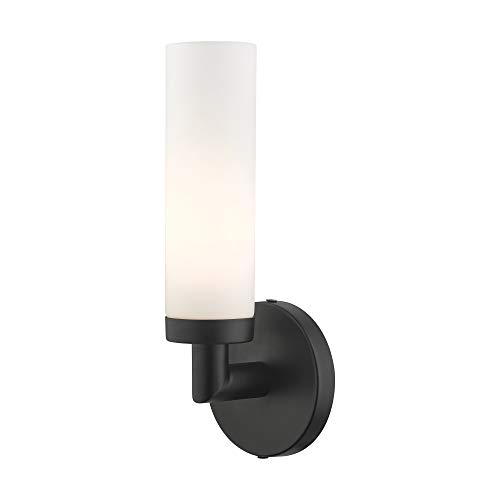 Image of Livex Lighting 10103-04 Aero Collection ADA 1-Light Wall Sconce Light with Satin Opal White Glass Cylinder Shade, Black, 4.25 x 11