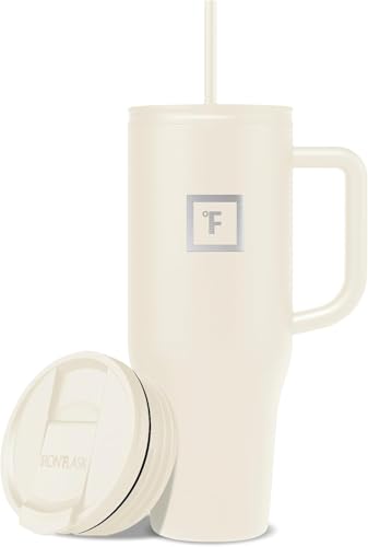 Image of IRON FLASK 40 oz Co-Pilot Insulated Travel Mug | Insulated Travel Mug with Straw & Flip Cap Lids - Cup Holder Fit, Leakproof, BPA Free (Cashmere Cream)