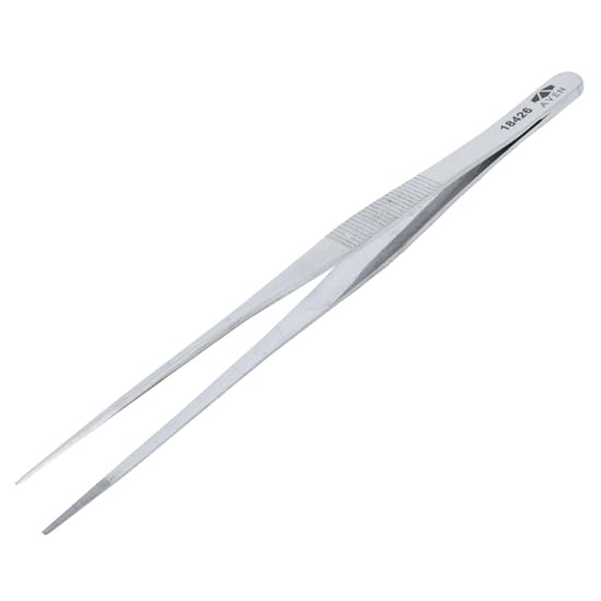 Tweezers, Stainless Steel, Straight, fine Tips, Serrated Grips, 7"L