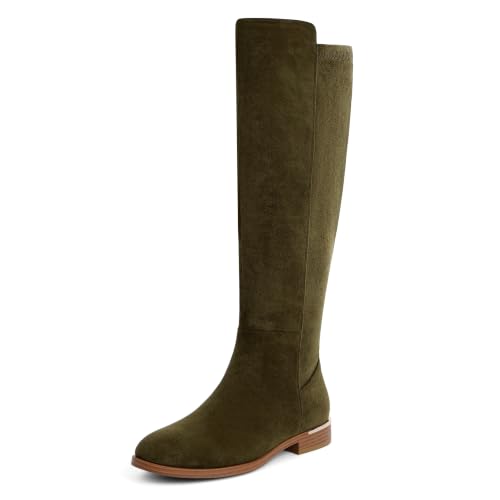 Image of Modatope Rounded Toe Flat Stretchy Dress Knee High Boots Side Zipper | Suede Elastic Fall Winter Boots, Low Chunky Block Heel Riding Boots,2026 Fashion Womens Tall Long Boots