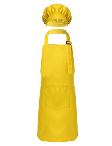 MSemis Tablier Enfant et Chapeau de Chef Tablier de Cuisine Boulangerie Toque de Chef Cuisinier Bonnet Tablier Peinture de Jardin 2-12 Ans Jaune 8-12 ans