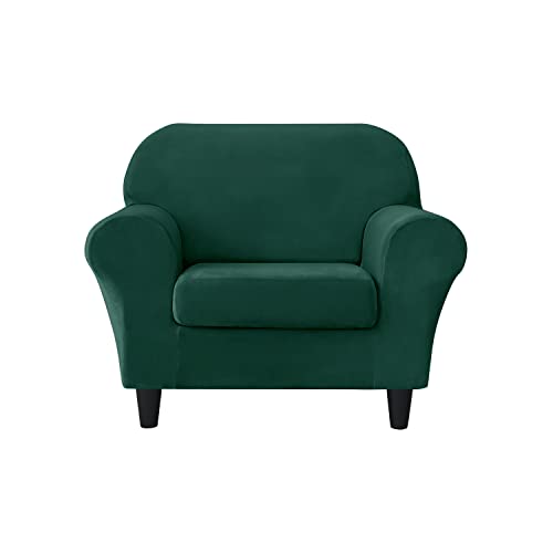 SYLC 2 Pieces Armchair Sofa Cover, Sofa Slipcover 1 Seater with 1 Separate Seat Cushion Cover, Furniture Protector Collection Split Set Stretch Velvet (Dark green)