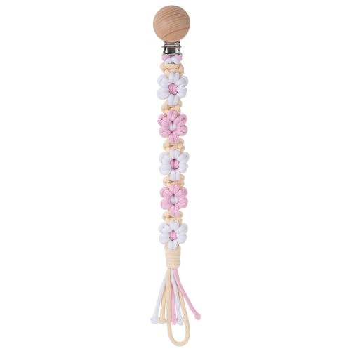 Image of Symbolife Pacifier Clip for Boys Girls Floral Daisy Macrame Baby Paci Clip Pacifier Holder Leash Boho Wooden Clips Handmade Braided Cotton Binky Clips (1pack:Pink Daisy B)