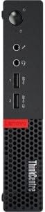 sebelah view of Lenovo ThinkCentre M710q Tiny with power button and front USB ports
