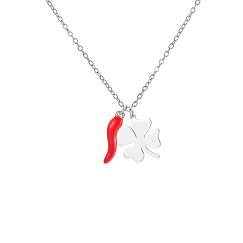 Collier Amaxer Trèfle à Quatre Feuilles Porte-Bonheur pour Femme - Jour de la St Patrick - Poivron Rouge Chili - Cornicello - Amulette Chance - Bijou Cadeau, L50, Acier inoxydable, Pas de pierre