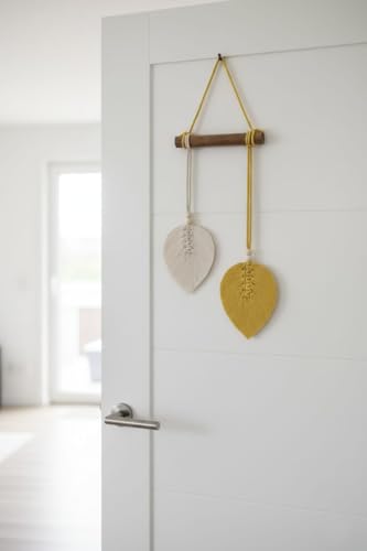 Image of AdFashionble Boho Macrame Wall Hanging Leaf Decor for Home, Living Room & Bedroom | Cotton Thread Art with Wooden Rod | Minimalist Handmade Wall Decoration | Aesthetic Nordic Wall Art for Home, Office & Gift Purpose Lenght- 58 cm Width- 15 cm (YELLOW & OFFWHITE)