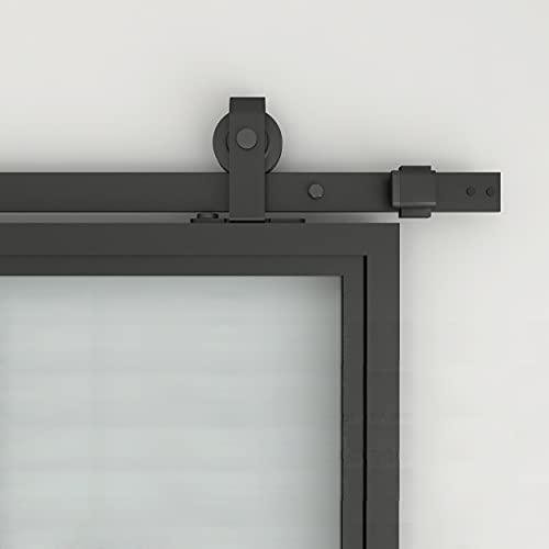 Image of 42 in. x 84 in. 3 /4 Lites Frosted Glass Black Steel Frame Interior Barn Door with Sliding Hardware Kit and Door Handle