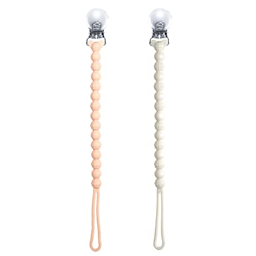 Image of RaZbaby Silicone Pacifier Holder 2 Pack, RaZzies Durable Textured Lanyard Fits Most Pacis Toys, 100% Soft BPA-Free Silicone, Attachable Clasp, Universal Fit, Lightweight – Pink/White