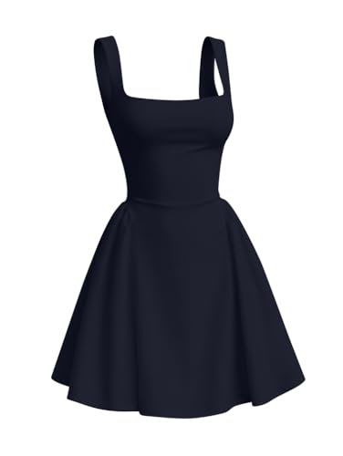 XXTAXN Women's Sexy Square Neck Tank Sleeveless Corset Club Night Ruffle A Line Mini Dress Navy