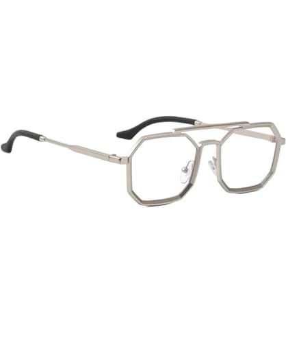 Image of Zero Power Blue Cut Computer Glasses | Anti Glare, Lightweight & Blocks Harmful Rays | 100% UV Protected | Full Rim hexagonal | For Men & Women | Medium (SILVER)(222 SILVER CLR RDNG FRM BZ)