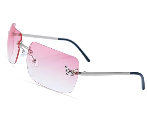 Mriendao Rimless Y2K Sunglasses for Women Men Fashion Wrap Around Sunglasses Tinted Lens 2000s Sun Glasses Shades Butterfly