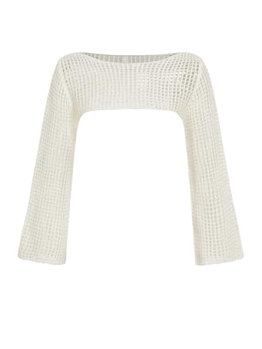Girl's Hollow Out Crochet Knit Crop Sweater Long Flare Sleeve Boat Neck Sheer Pullovers Knitwear