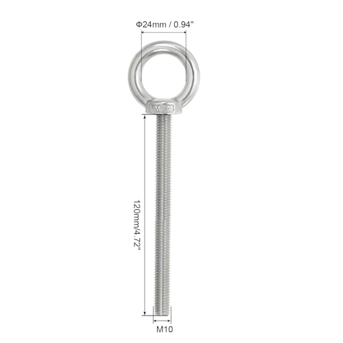 Image of PATIKIL M10 x 120mm Lifting Shoulder Eye Bolt, 2Pcs 304 Stainless Steel Lifting Ring Threaded Eyebolt with Nuts Washers for Hanging Hammocks Articles