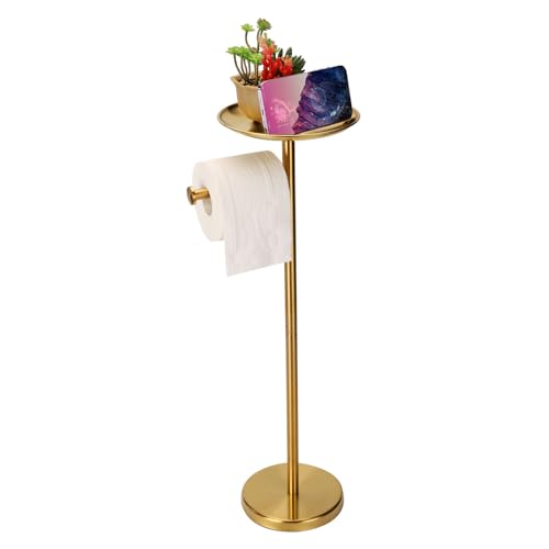 Toilet Paper Holder Stand Gold with Shelf on Top, Sturdy TP Roll Holder Floor Standing, Stainless Steel Base (Gold)
