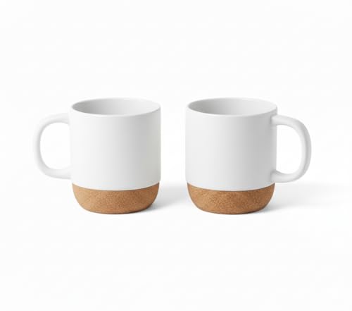 FUN FAN LINE - Pack de Tazas de Café Grandes de Cerámica 2 Unidades | Tazas Altas de Color Blanco con Base de Corcho | Juego de Tazas Modernas para Desayuno y Té | Perfecto para el Hogar y la Oficina