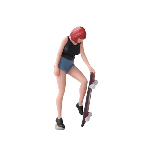Scenpoch 1:64 Scale Hand-Painted Resin Red-haired Skateboard Girl - HO Compatible Diorama Model for Train Scenes, Architectural Displays, Collectors & Hobbyists