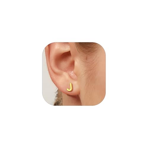 925 Sterling Silver Trendy Initial Earrings for Women, Yellow Gold/Rose Gold Plated/Cubic Zirconia Solid Silver A-Z Dainty Letter Hypoallergenic Ear Studs, Come Gift Box J 02 Initial-gold