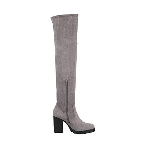 Elara Damen Stiefel Overknee High Heels Absatz Chunkyrayan E4835 Grey-39