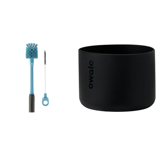 Owala 2-in-1 Water Bottle Brush Cleaner and Straw Cleaner, Nylon Bristles, Plastic Handle, Smokey Blue and Black, Includes Silicone Water Bottle Boot Sleeve