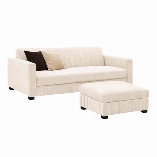 Image of FURNY Almora 4 Seater L Shape Sofa Set with Movable Ottoman | Flexible Left or Right Layout | Plush Velvet Fabric (Cream) | Perfect for Living Room, Guest Room & Office