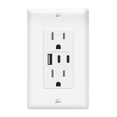 ECOELER USB C Wall Outlet Receptacle, 30W Charging Electrical Socket with USB-C & A Ports, 15 Amp Receptacle Plug, Tamper Resistant Outlet, Standard Wall Plate Included, ETL Listed, White