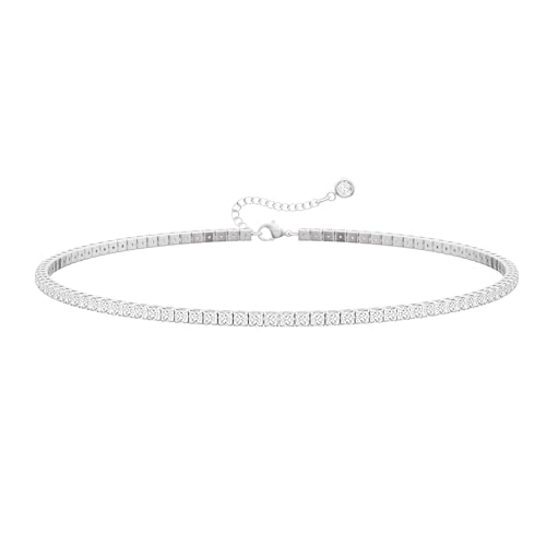 Tewiky Tennis Necklace 14K Gold Plated/Silver Sparking Rhinestone Choker Necklaces Dainty Crystal Cubic Zirconia Bridal Wedding Jewelry for Women