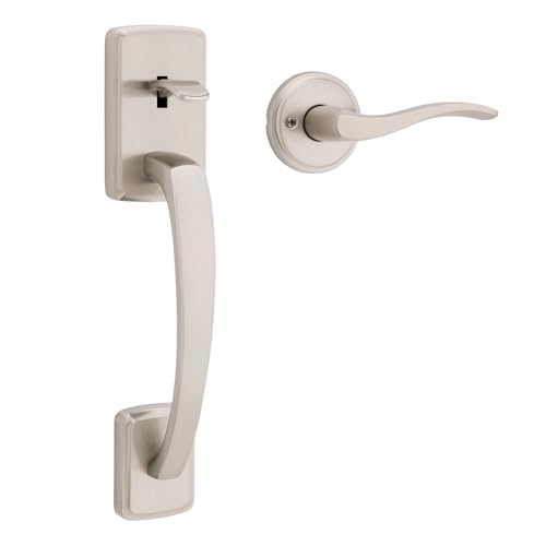 Image of Kwikset Brentford Front Door Handle No Lock, Entry Handleset Exterior with Sedona Interior Reversible Lever, Non-Locking, Satin Nickel, Deadbolt Not Included