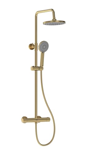 Bristan Buzz Thermostatic Diverter Bar Mixer Shower - Exposed Safe Touch Brushed Brass Shower Mixer with Round Fixed Shower Head, Hose, and Multi Spray Pattern Shower Head, BUZ SHXDIVCTFF BB