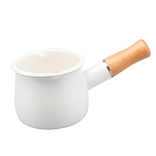 F Fityle Enamel Milk Pan, Mini Butter Warmer 10cm Saucepan Pan Cookware with Wooden Handle, Coffee Warmer, Chocolate Melting Pot, White, 10cm