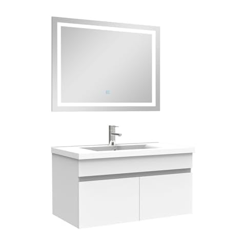 AICA Ensemble Meuble Salle de Bain 80cm Blanc Simple Vasque + Miroir Lumineux 3 Couleurs + dimmable Cover