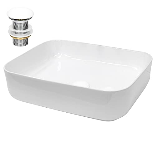 ECD Germany Lavabo da Appoggio con Set di Scarico 505 x 395 x 135 mm Ceramica Bianca Rettangolare Lavandino Senza Troppopieno con Fori di Dimensioni Standard Lavamano da Bagno con Piletta
