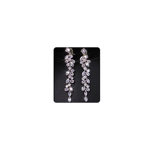 Clip on Earrings for Women Cubic Zirconia Long Tassel Dangle Drop Earrings Non Pierced Earrings for Women Jewelry Gifts Wedding Party (Long leaf-1)