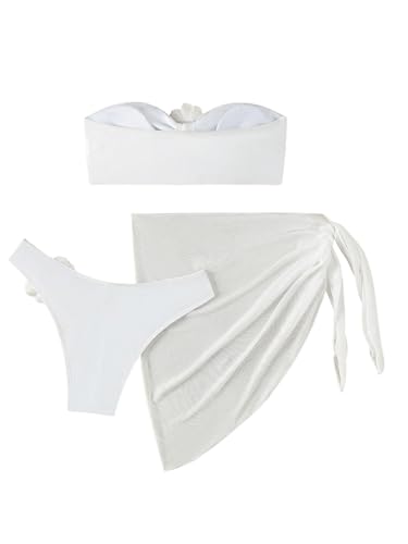 SOLY HUX Women's 3 Piece Swimsuit Floral Appliques Bandeau Bikini Sets Bathing Suit with Beach Skirt Solid White Medium-12