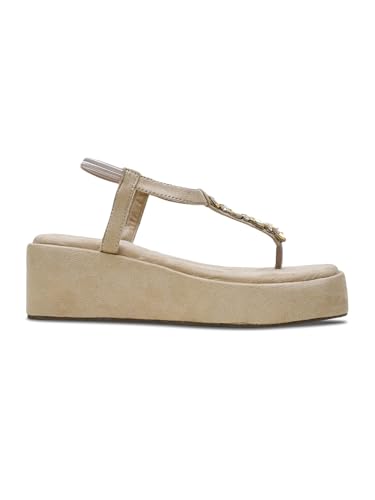 Image of TRYME T-Strap Embellished Wedges Heel Sandals for Women | Soft Suede Comfort Slip-On Sandals for Wedding, Festive & Elegant Styling