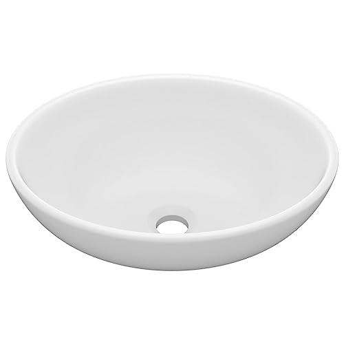 vidaXL Lavabo de Lujo Ovalado Tocador Montado Encima Piedra Vasija Aseo Indoro Cocina Garaje Fácil de Limpiar Moderno Cerámica Blanco Mate