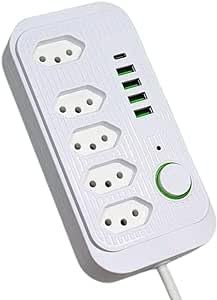 Régua de Energia Premium com 5 Tomadas, 4 USB e 1 USB-C - 2 Metros - 2500W (110-220V)