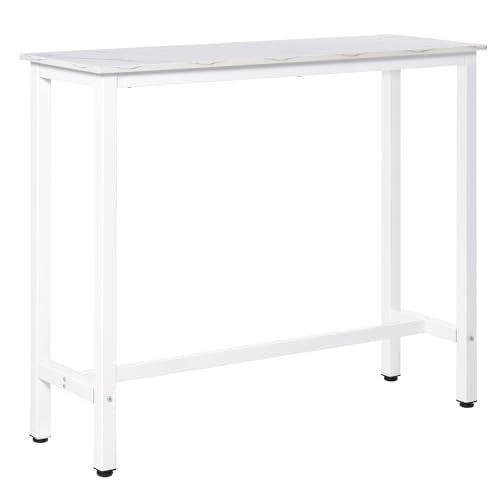 HOMCOM Table de Bar Table Haute de Cuisine Mange-Debout - dim. 120L x 40l x 100H cm - châssis piètement Acier, Plateau Aspect marbre Blanc
