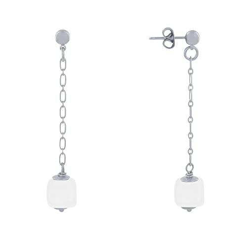 LES POULETTES BIJOUX - Boucles d'Oreilles Chainette Laiton Argenté et Cube en Céramique - Blanc