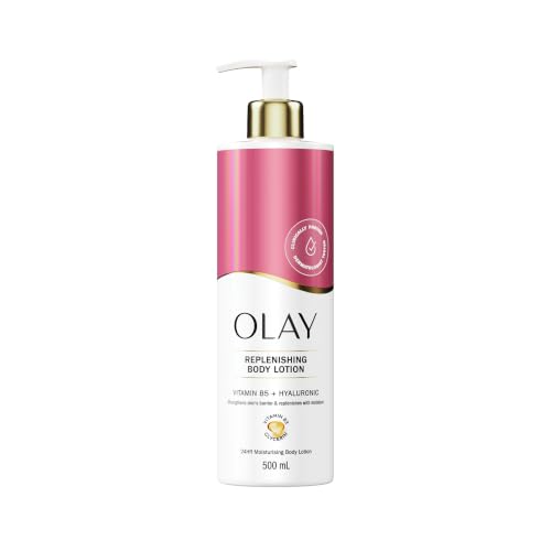 Olay Hyaluronic Acid Replenishing Body Lotion 24HR Moisturising Cream Full Body Skin Care Replenishes Skin Moisture Vitamin B5 B3 Glycerin Smooth and Moisturised Skin No Greasy Residue 500ml