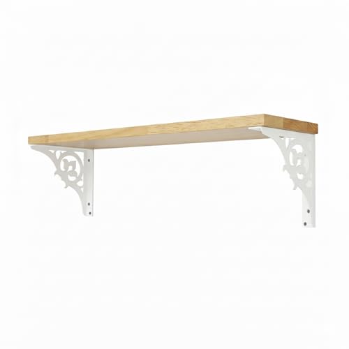 Image of Wall Shelf with Wooden Top Black|White Iron Brackets Storage Rack|Industrial Wall-Mounted Floating Shelf for Living Room,Kitchen,Bathroom (White Single Floral Large)