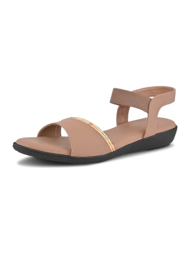 Image of XE Looks Women's Metallic Accent Open Toe Sandals with Elastic Back Strap | Soft Cushioned Footbed | Lightweight Flexible Sole | Comfortable Casual Footwear for Girls & Women