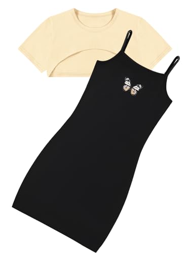 Naiyafly Girl's 2 Piece Outfits Short Sleeve Crop Top and Cami Dress Set Teen Girls Pullover Shirts + Butterfly Print Bodycon Dress Clothes Summer Casual Costumes