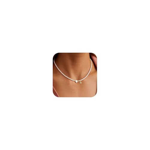 Turandoss Kette mit Buchstaben Damen Gold, 14K Vergoldet Herzkette Buchstaben Kette Perlenkette mit Initialen A-Z, Halskette Mädchen Damen Schmuck Geschenke für Frauen Teenager Mädchen Freundin, Latón