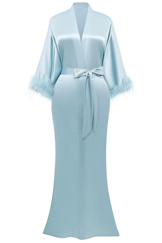 PRODESIGN Satin Kimono Robe Long Silky Bathrobe with Ostrich Feather Trim Sleepwear Wedding Bridesmaid Dressing Gown