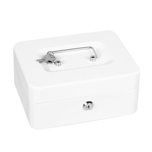 Portable Cash Box and Lock Box with 2 Keys,Compact Storage Case for Cash Documents Jewelry,Secure Money Holder for Home Office and Travel, Measures 20 x 16 x 9 cm (White)