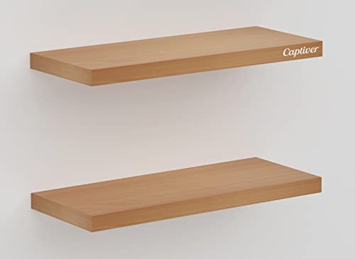 Image of Captiver Wooden Wall Mounted Display Shelf 2 Tier (12x30 CM,) Living Room Kitchen Storage Bedroom Showpiece Racks Study Designer Organiser (Beech)