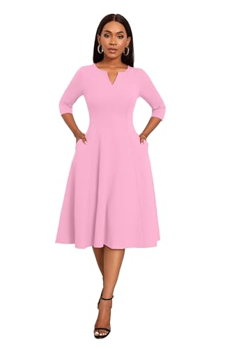 Image of Nmoder Midi Dresses for Women A-Line Fit and Flare Dress 3 /4 Sleeve V Neck Cocktail Wedding Guest Work Dress with Pockets