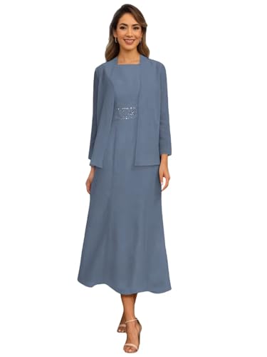 2 Pieces Tea Length Mother of The Bride Dresses Long Sleeve Chiffon Formal Wedding Guest Dress with Jacket