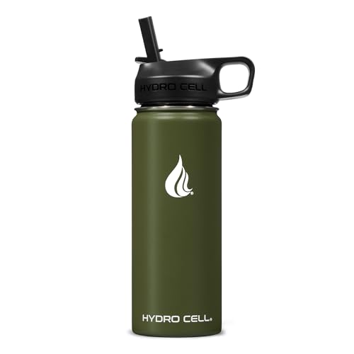HYDRO CELL Stainless Steel Water Bottle w/Straw & Wide Mouth Lids (40oz 32oz 24oz 18oz) - Keeps Liquids Hot or Cold with Double Wall Vacuum Insulated Sweat Proof Sport Design (Army 18 oz)